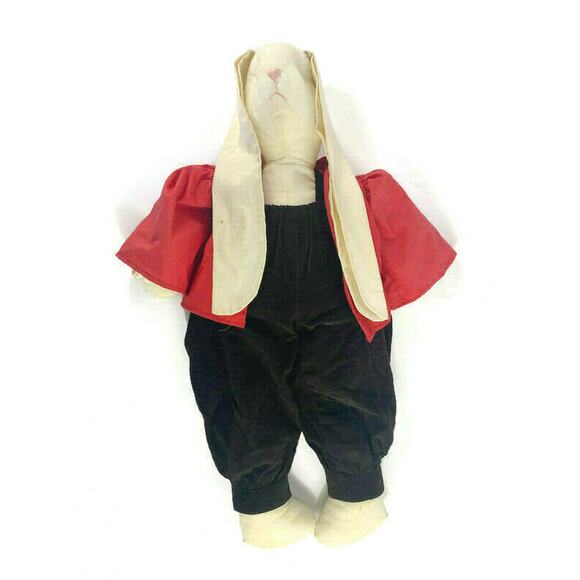 Farmhouse Cloth Bunny Rabbit 26" With Black Overalls and Red Jacket Handmade - Picture 4 of 9